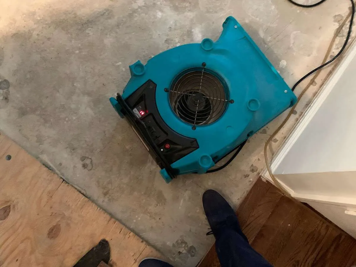 Air mover drying subfloor during Commercial Water Damage Restoration in Elbridge